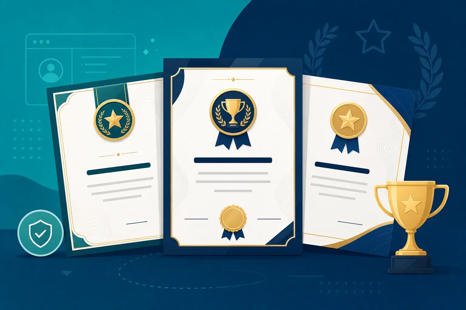 Three achievement certificate designs with gold seals and ribbons alongside a trophy and verification shield in teal and navy