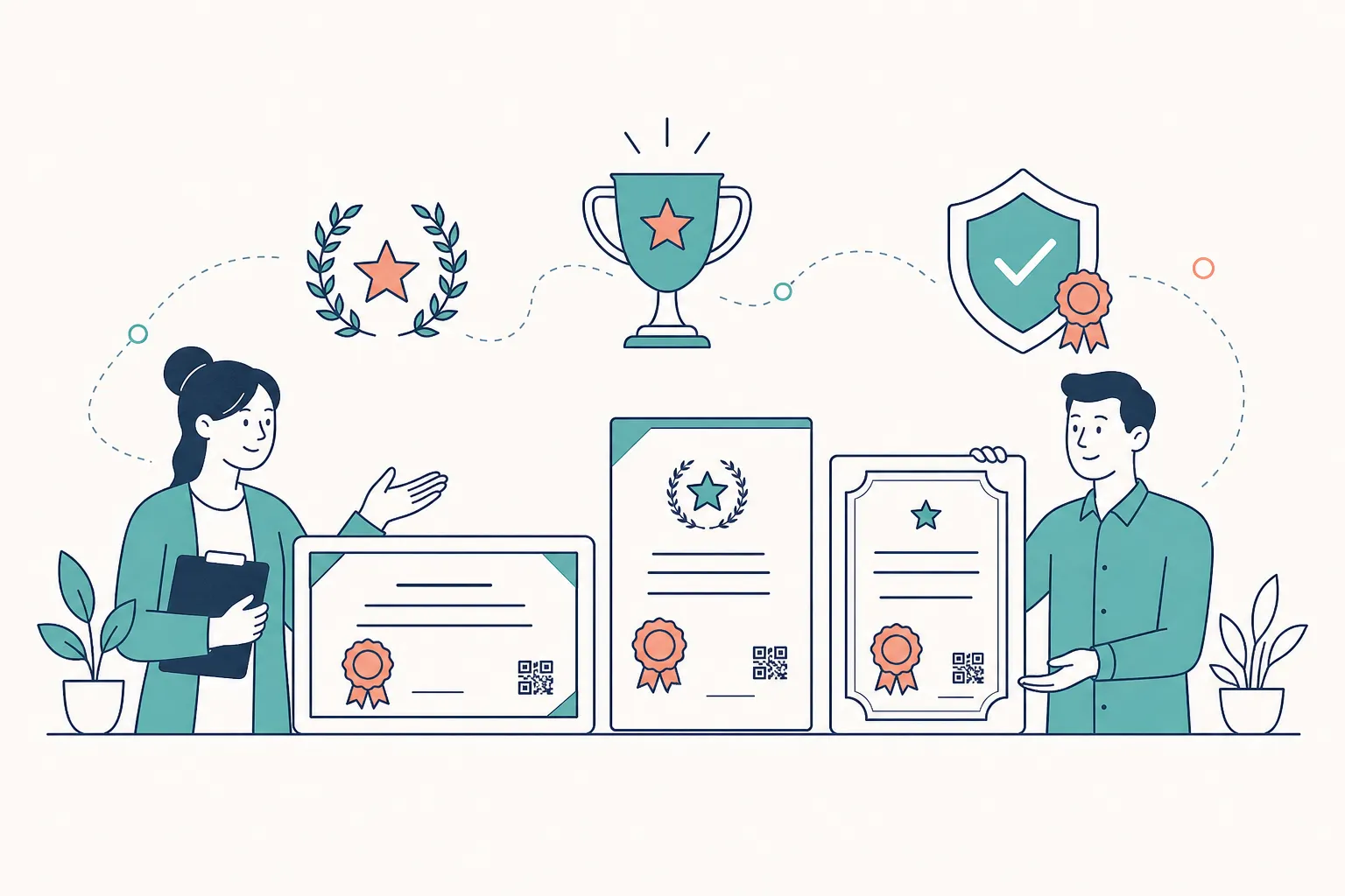 Three achievement certificate designs with award seals alongside a trophy, laurel, and verification shield in teal, navy, and coral