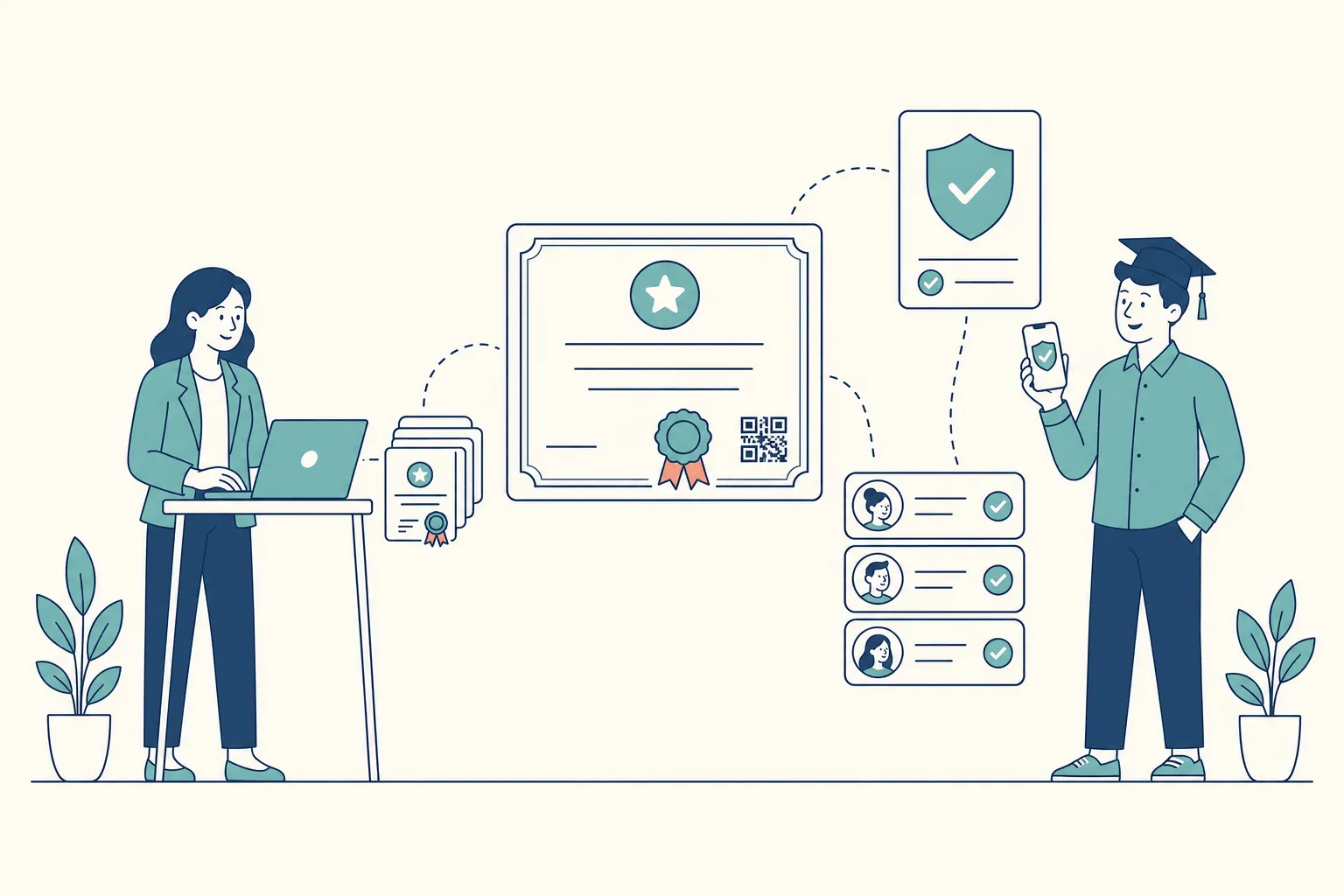 A course coordinator releasing a batch of completion certificates from a laptop, a certificate with a seal and QR code connected by dashed arcs to a verification card with a shield checkmark, and a graduate confirming the credential on a phone