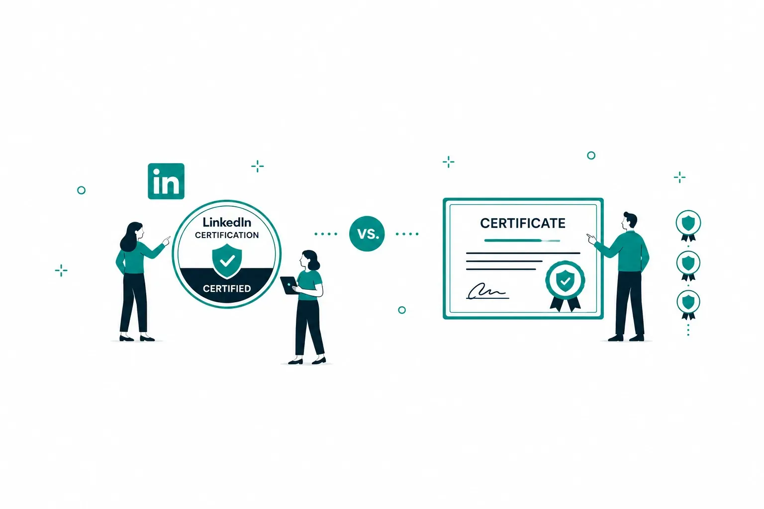 Three colleagues comparing a round digital badge and a formal certificate, with LinkedIn, verification shield, and stackable badge icons