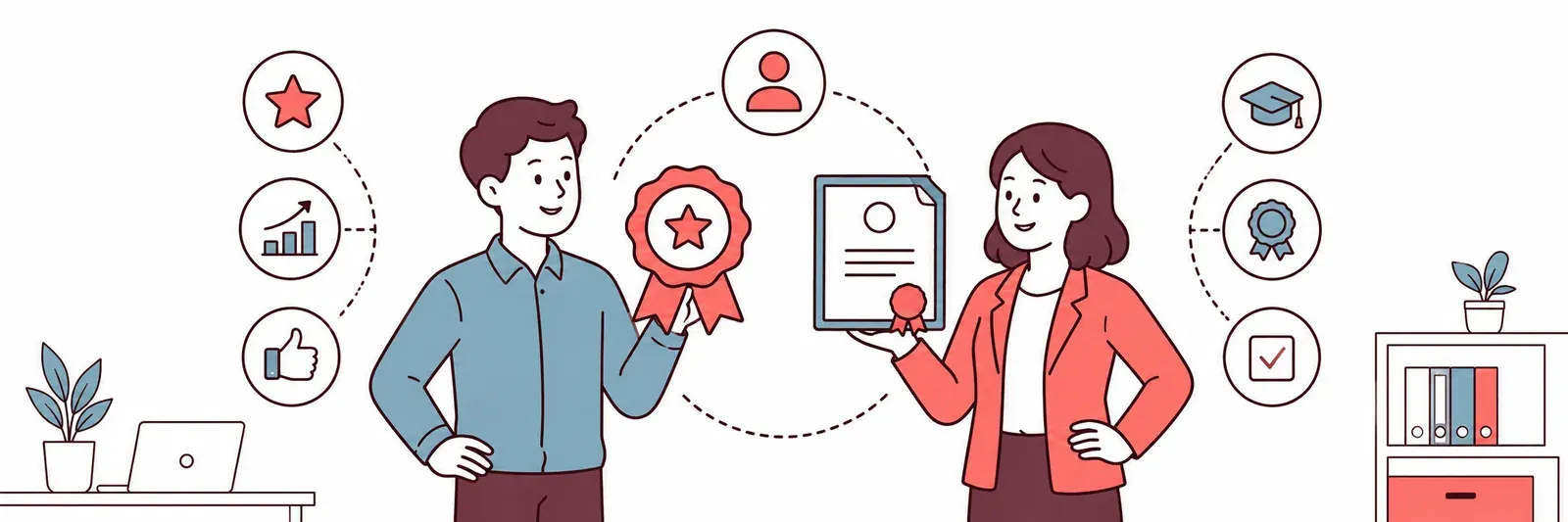 Two people side by side — one holding a ribbon-style digital badge, the other holding a digital certificate document