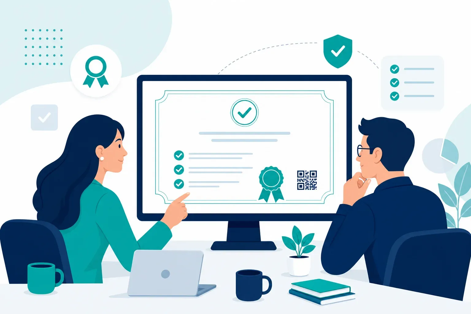 Two colleagues reviewing a certificate of completion on a monitor with checkmarks, QR code, ribbon, and shield icons in teal and navy