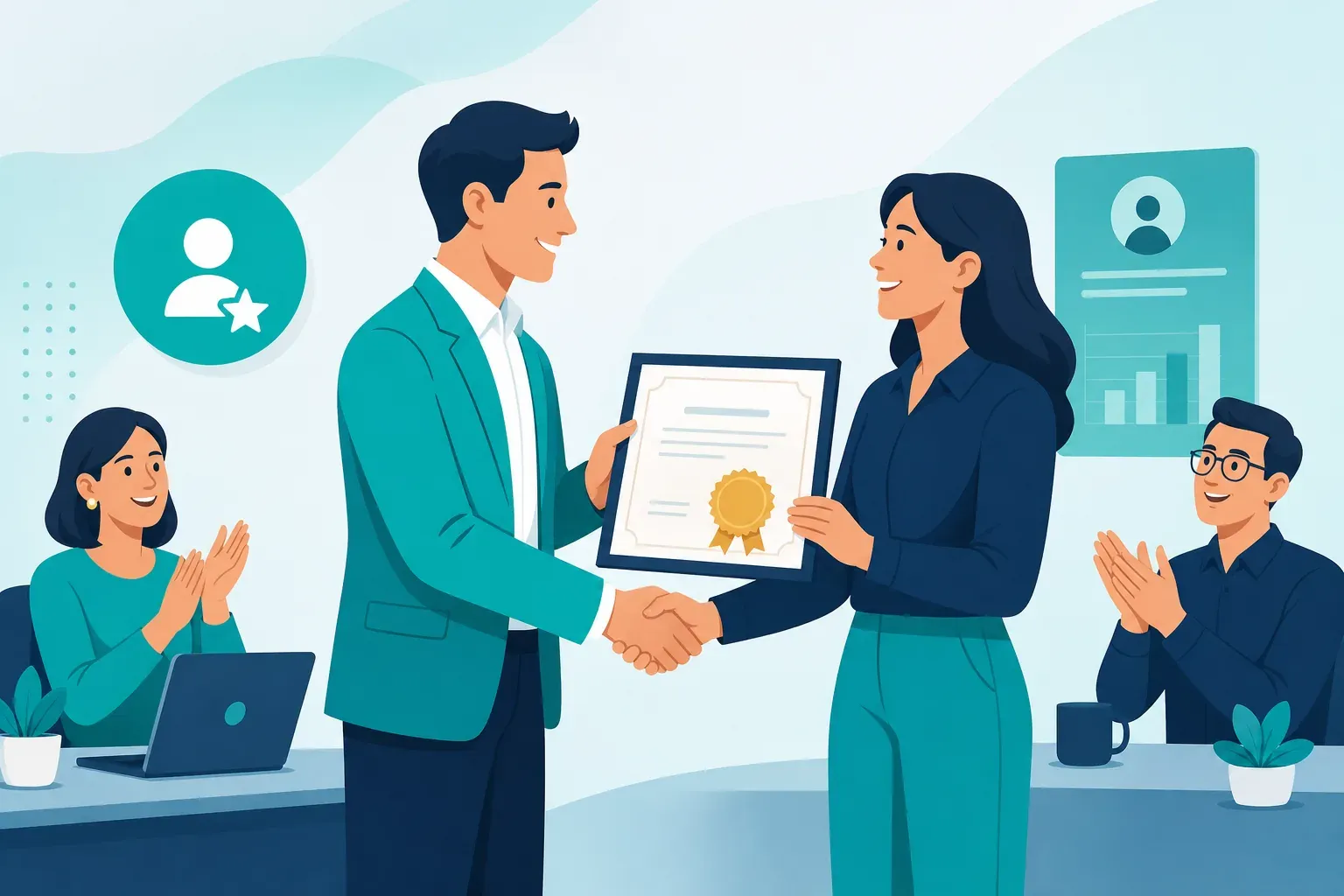 Manager presenting a framed certificate of recognition to an employee while colleagues applaud, with star employee icon in teal and navy