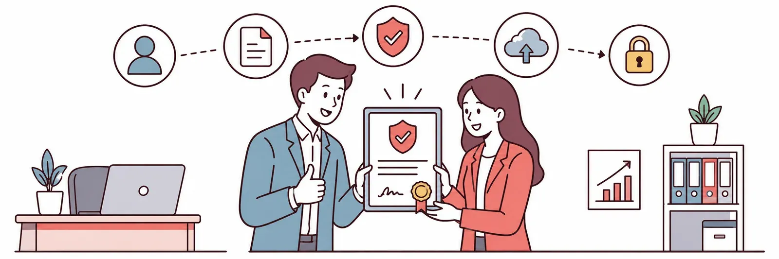 Two colleagues handing over a verified digital certificate, surrounded by icons of a recipient, document, verification shield, cloud upload, and lock