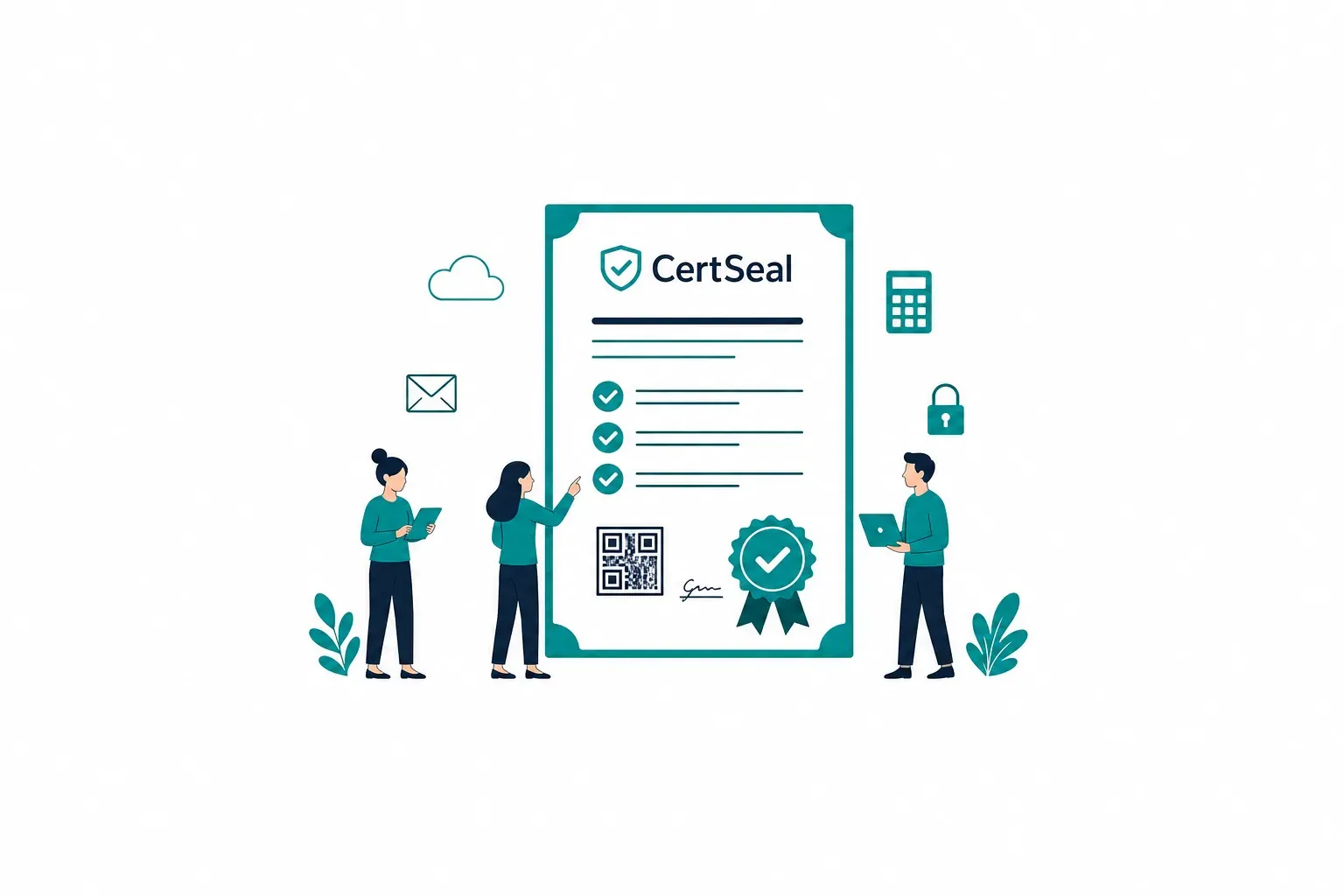 Three colleagues gathered around a verifiable digital certificate with QR code, shield, and ribbon, with cloud, email, spreadsheet, and lock icons