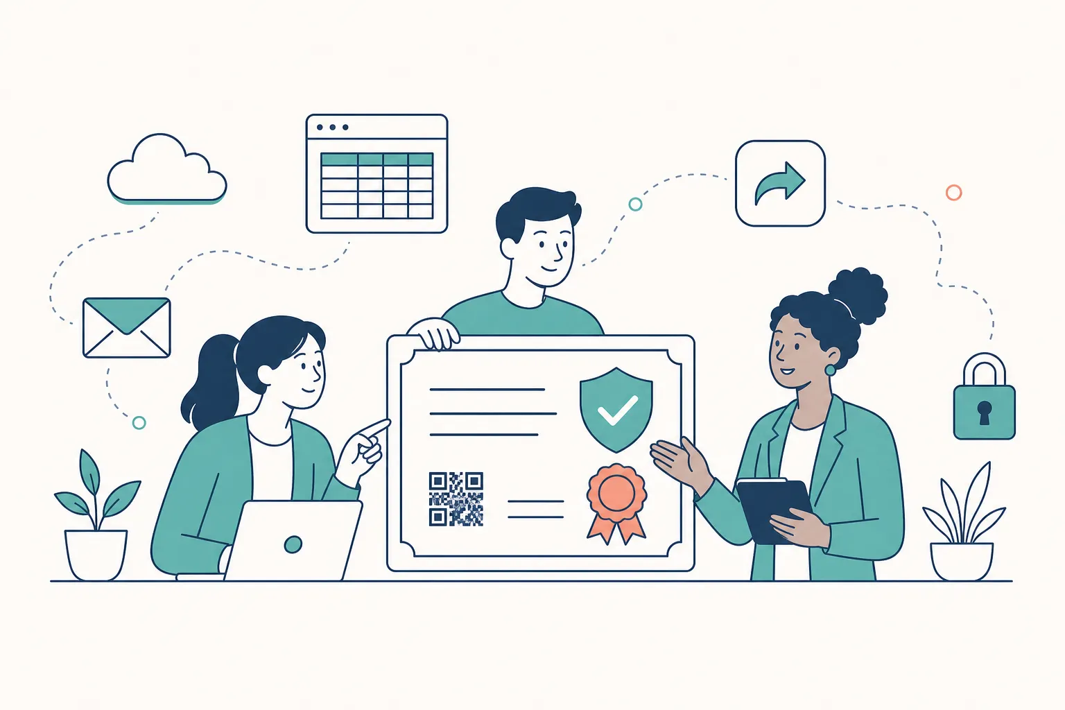 Three colleagues gathered around a verifiable digital certificate with QR code, shield, and ribbon, with cloud, email, spreadsheet, and lock icons
