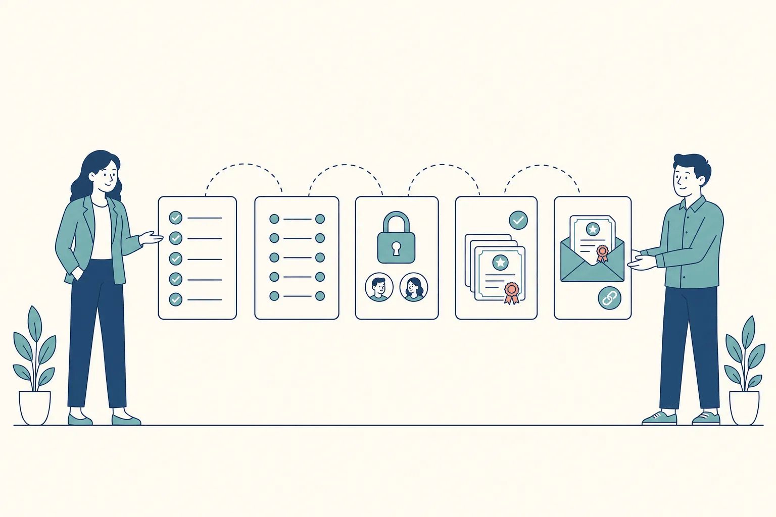 A five-stage issuance workflow of connected cards: a field checklist, a mapping card, a padlock with role badges, a pilot batch of certificates with a checkmark, and an envelope delivering a certificate with a link icon