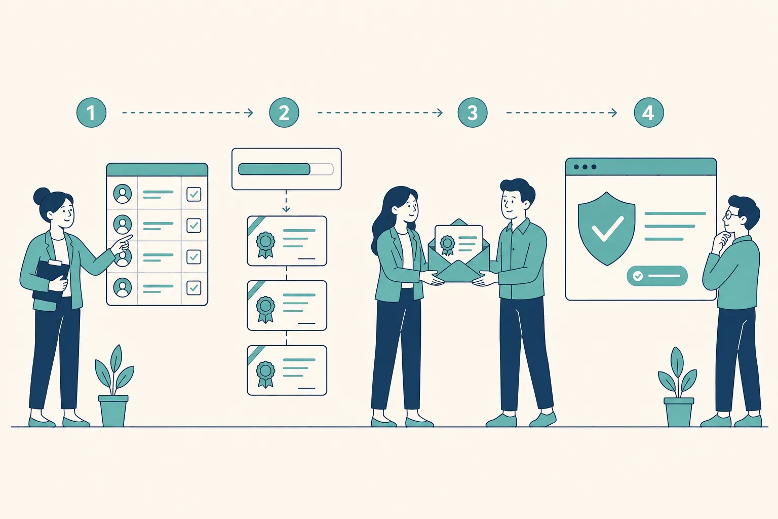 A four-stage credential pilot workflow: a coordinator checking a spreadsheet of recipients, an issuance card generating three certificates, an envelope handing a certificate to a recipient, and a verification page showing a checkmark shield and a status pill