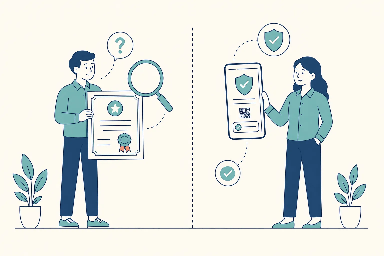 A split comparison: on the left a person holds a printed certificate under a magnifying glass with a question mark; on the right a person holds a phone showing a verification page with a shield checkmark, QR code, and status pill linked to a database