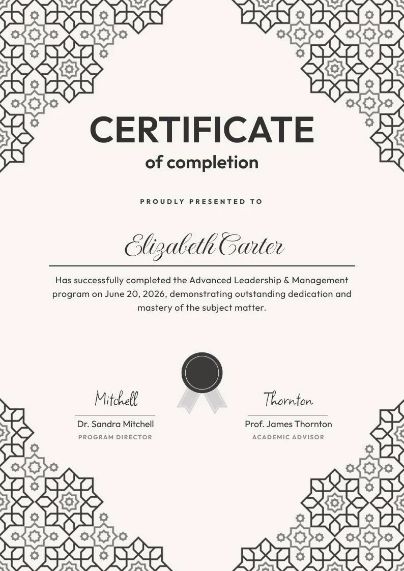 Black and White Geometric Completion Certificate — portrait preview