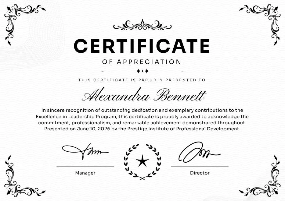 Black and White Traditional Appreciation Certificate A4