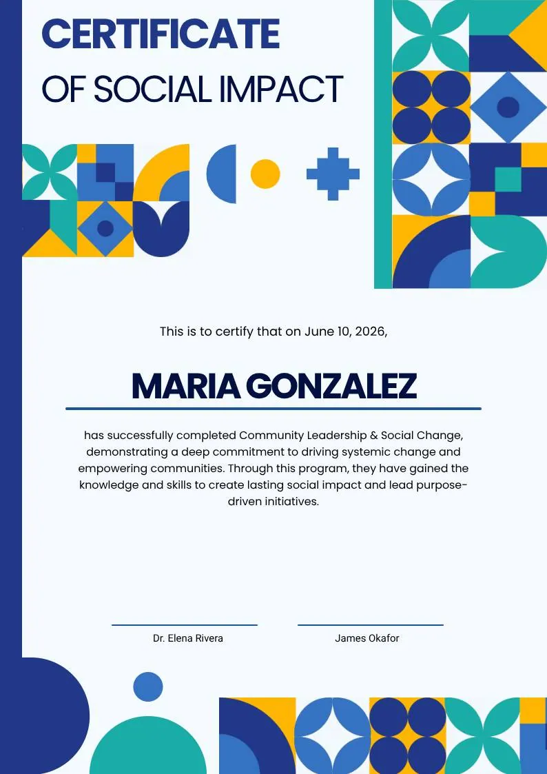 Blue and Yellow Geometric Certificate of Social Impact — portrait preview
