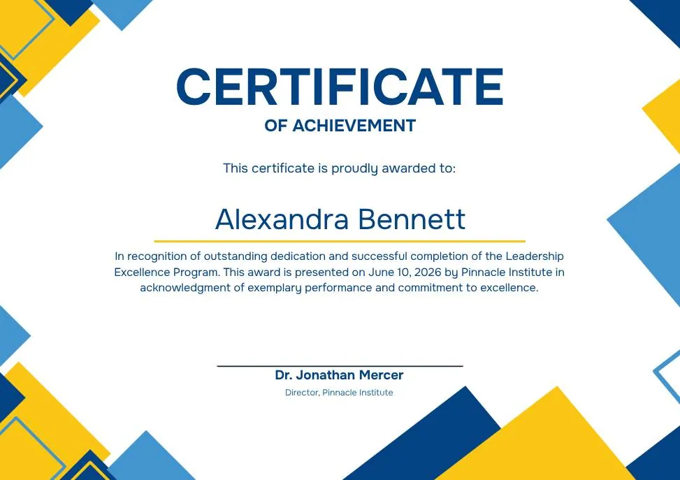 Blue Yellow Modern Geometric Certificate of Achievement