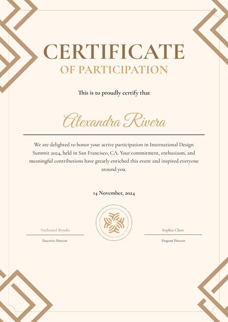 Brown Modern Geometric Participation Certificate — portrait preview