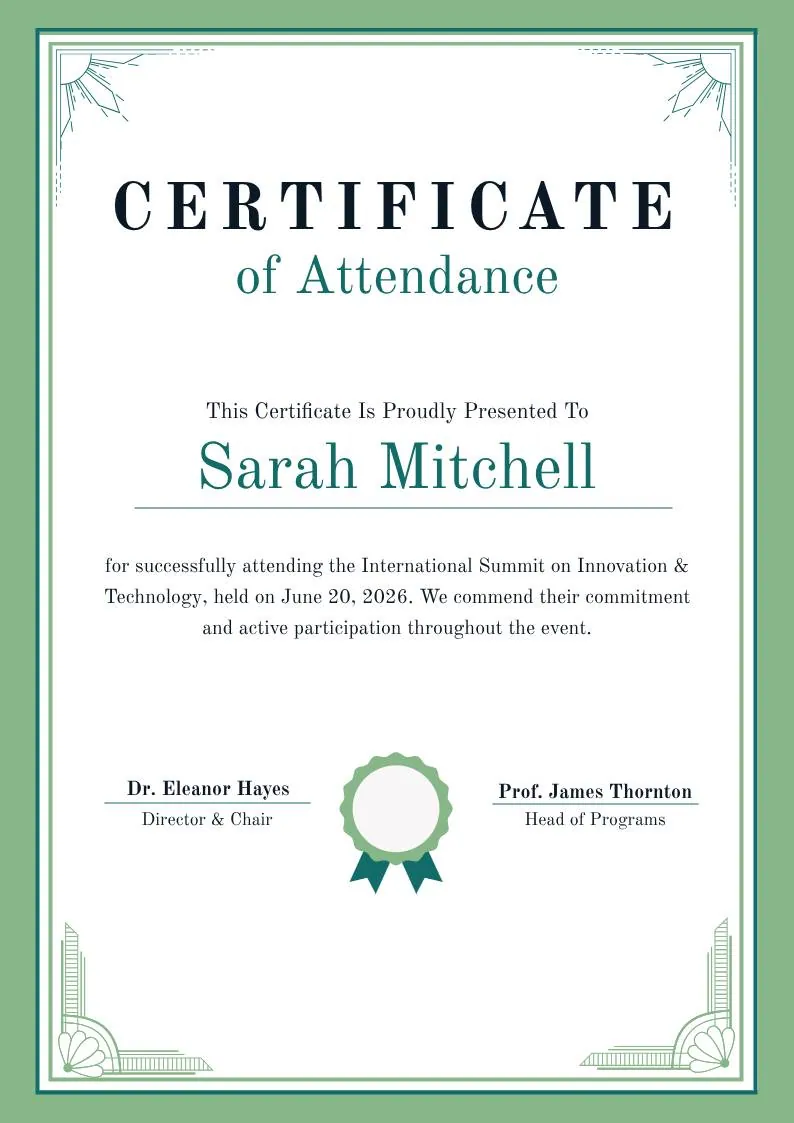 Green White Classic Minimalist Attendance Certificate — portrait preview