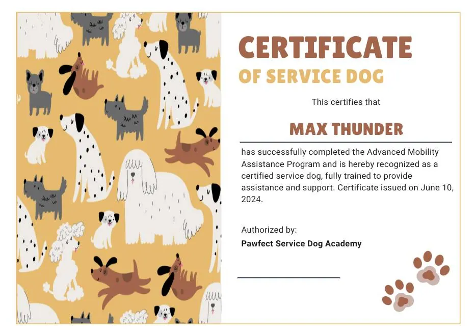Tan White and Black Illustrated Service Dog Certificate