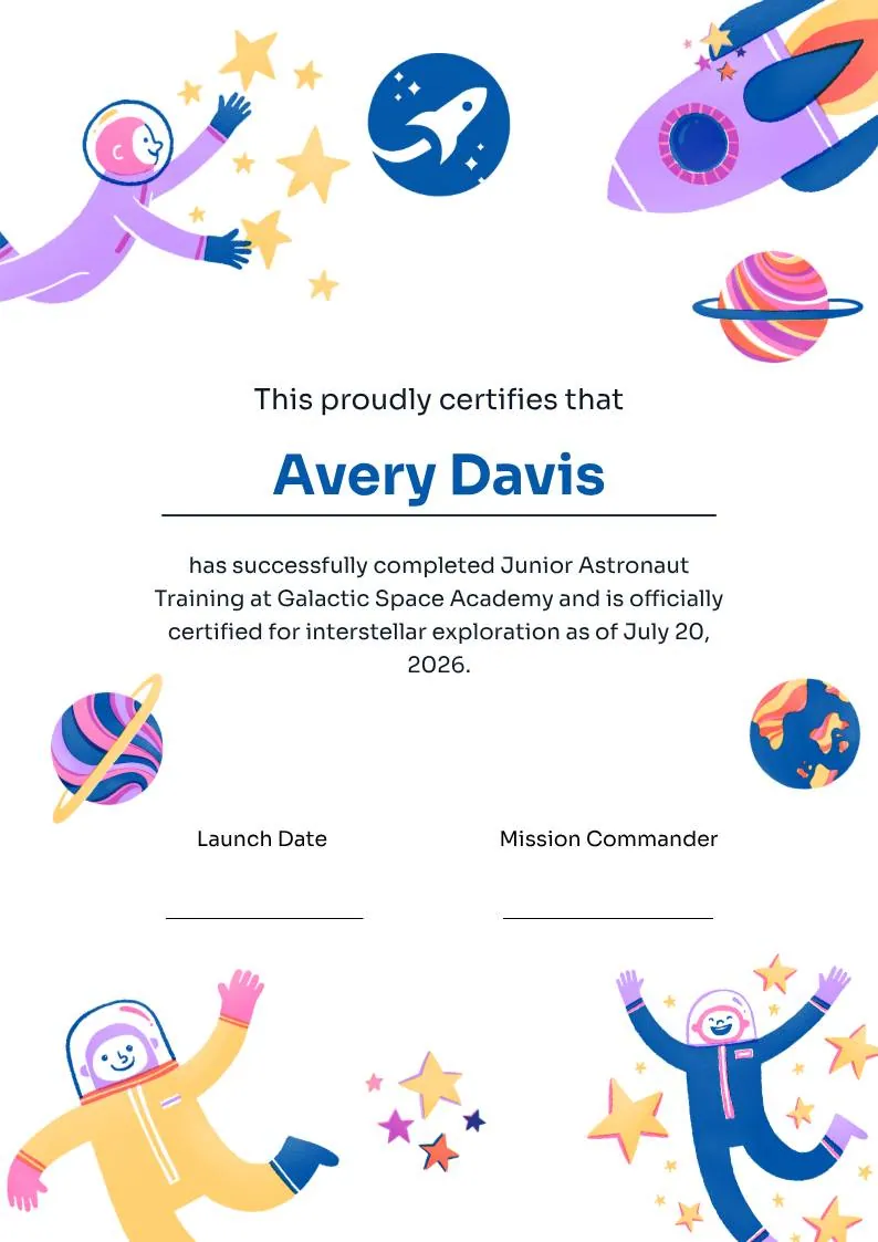 Junior Astronaut Training Certificate in Colorful Playful Style — portrait preview