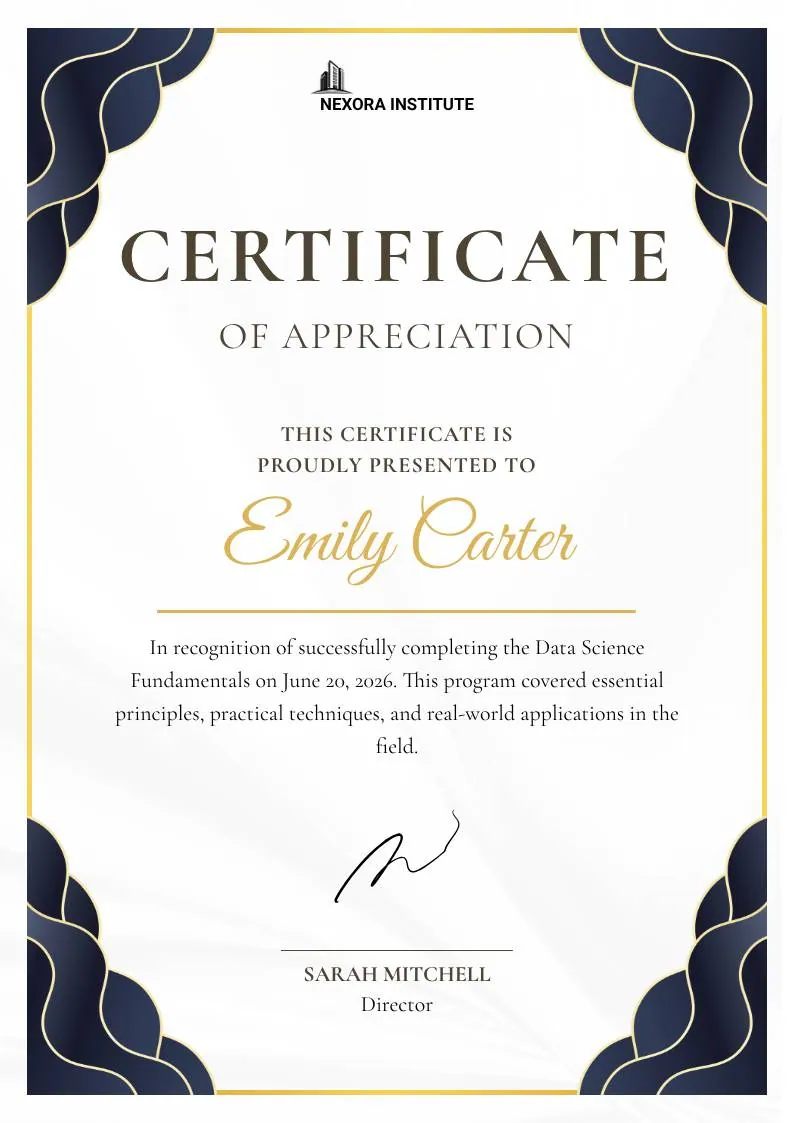 Navy and Gold Modern Appreciation Certificate — portrait preview
