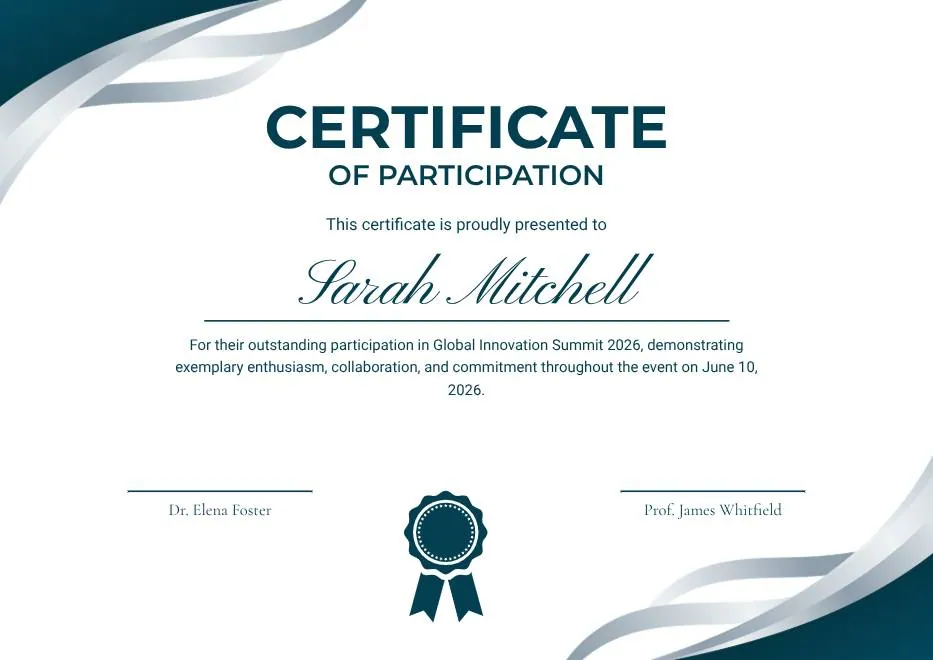 Teal and White Modern Participation Certificate
