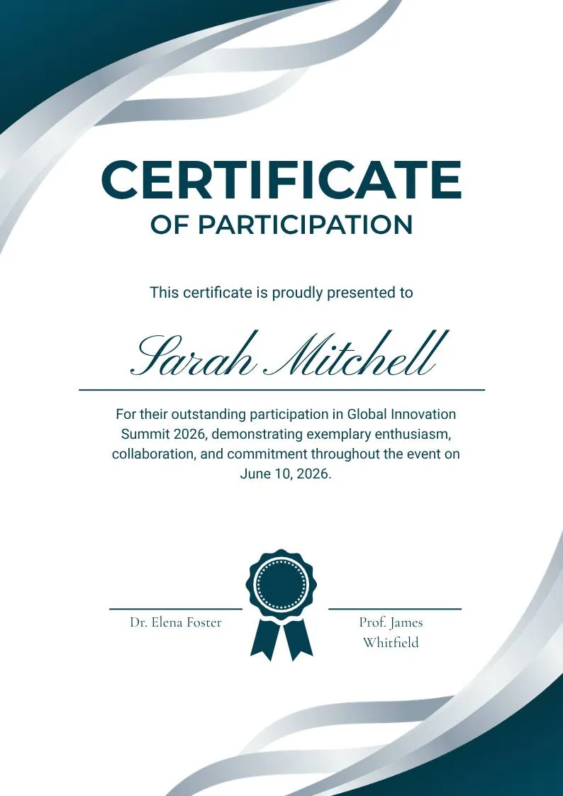 Teal and White Modern Participation Certificate — portrait preview