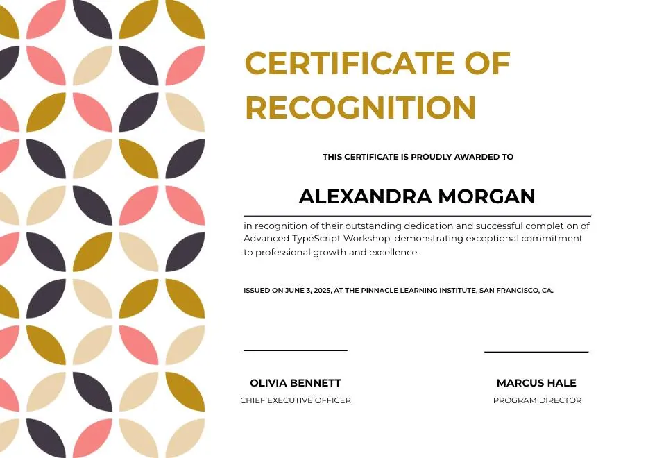 White Geometric Petal Pattern Certificate of Recognition