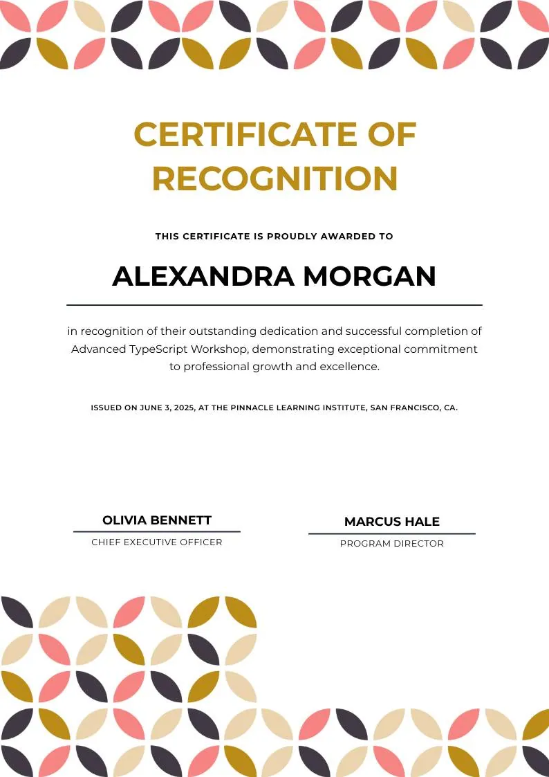 White Geometric Petal Pattern Certificate of Recognition — portrait preview