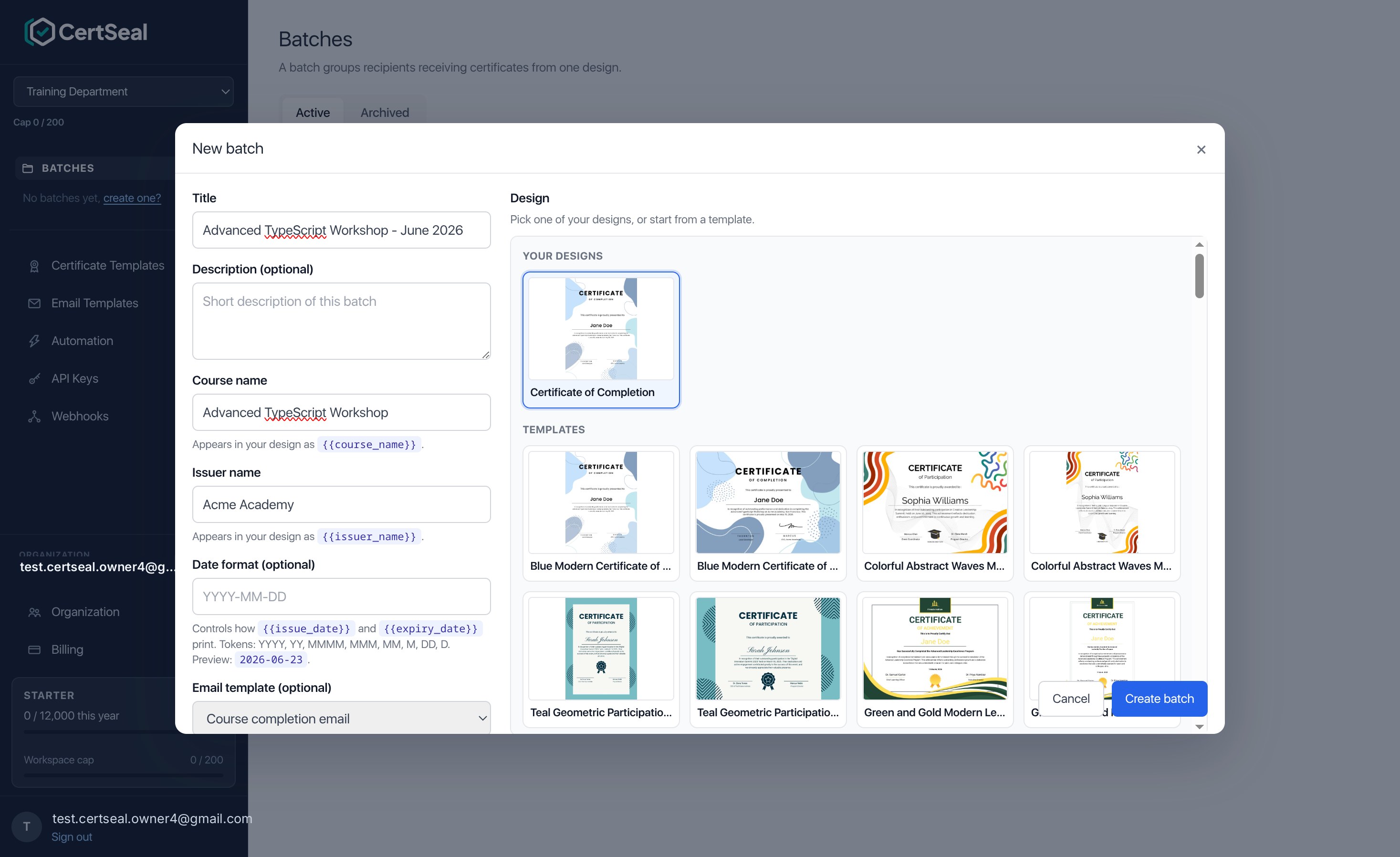 The New batch dialog with fields for title, description, course name, issuer name, date format, and email template, plus a design picker