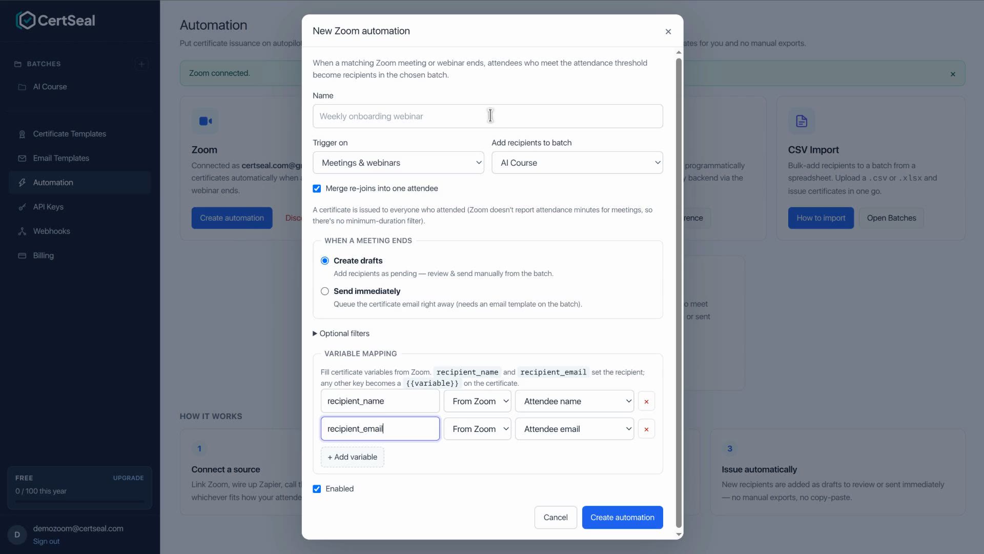 The New Zoom automation dialog in CertSeal with name, trigger, and batch fields